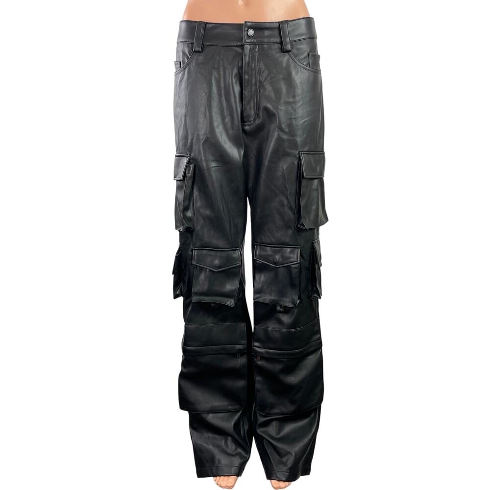 Luxe To Kill Black Faux leather High Rise Straight Leg Cargo Trouser Pants Sz 2